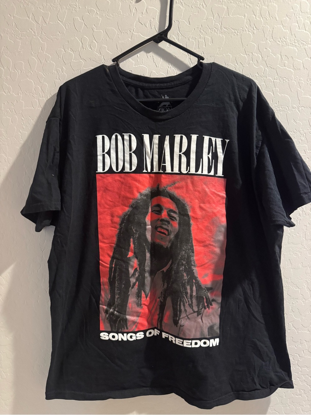 Zion Rootswear Black Tee with Red Bob Marley Portrait